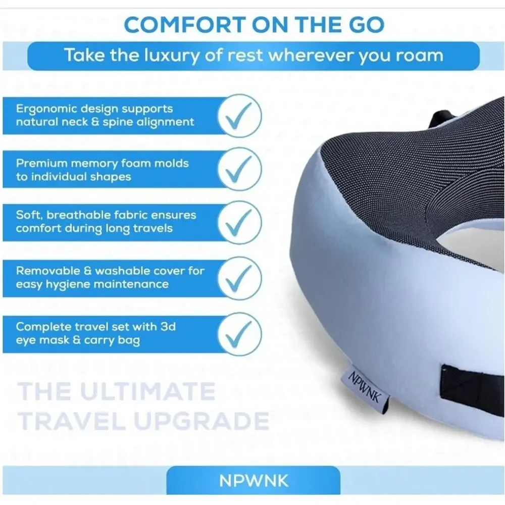 NPWNK Memory Foam Travel Neck Pillow w/ Eye Mask & Case – Grey/Blue